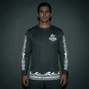 Custom long sleeve reflective print night fishing shirt front.