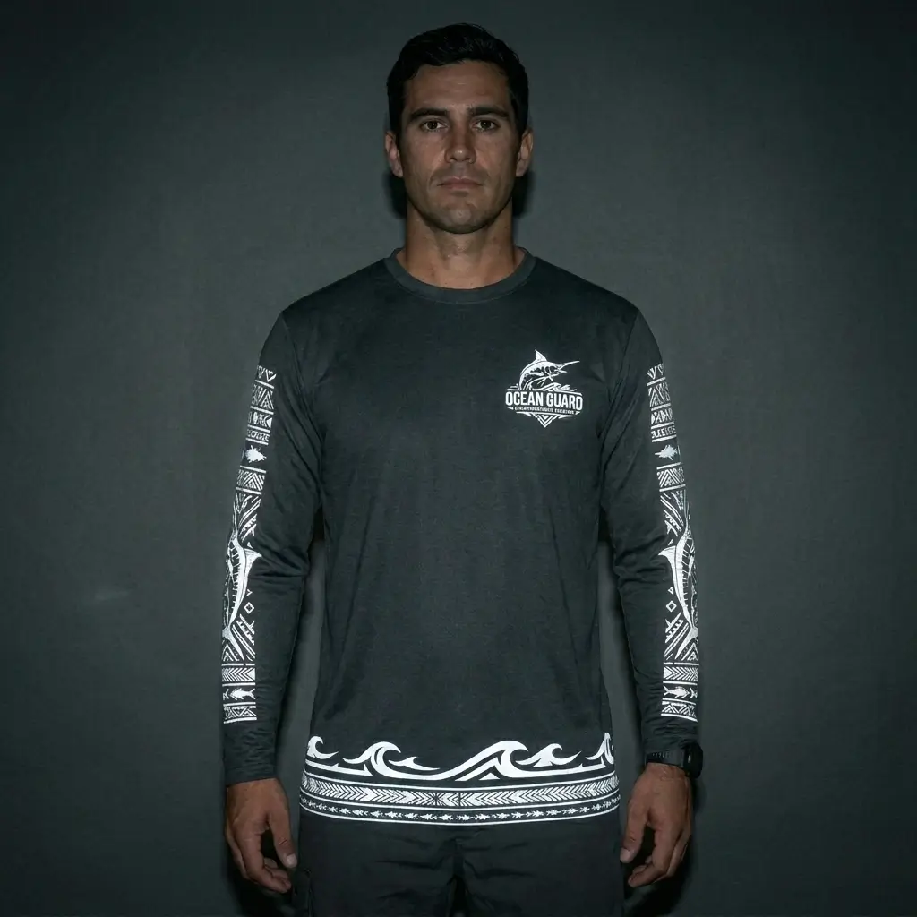 Custom long sleeve reflective print night fishing shirt front.
