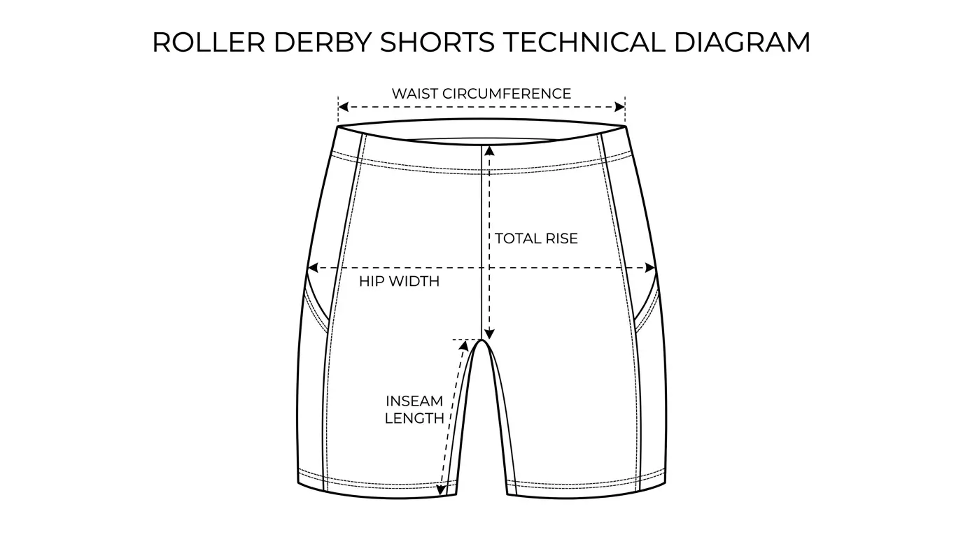 Technical line drawing of roller derby shorts showing measurement points for waist circumference, total rise, hip width, and inseam length.