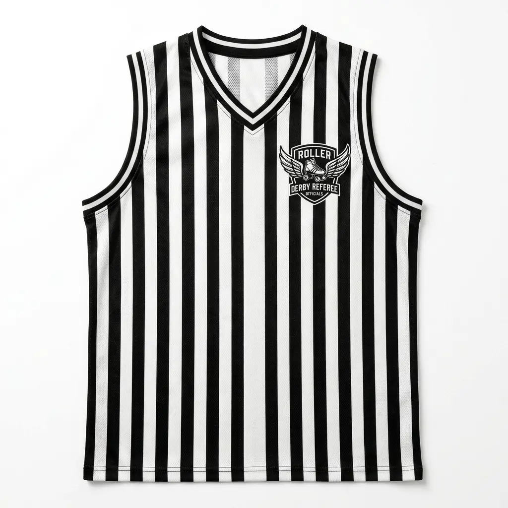 Custom sleeveless roller derby referee jersey front.