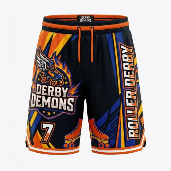 Black and orange athletic basketball style shorts for roller derby featuring the "Derby Demons" flaming skate logo and player number 7.