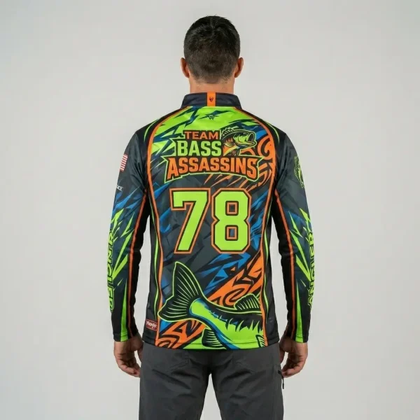 Custom sublimated bass fishing team jersey with collar back.