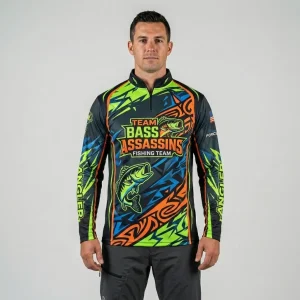 Custom sublimated bass fishing team jersey with collar front.
