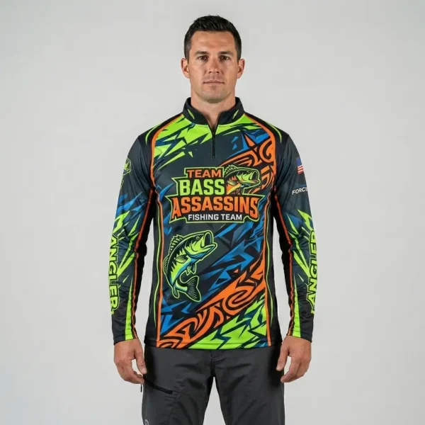 Custom sublimated bass fishing team jersey with collar front.