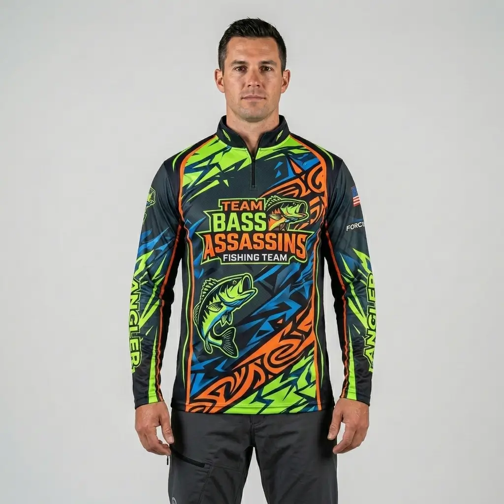 Custom sublimated bass fishing team jersey with collar front.