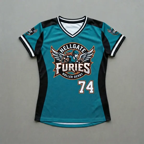 Custom sublimated curved roller derby jersey.
