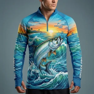 Custom sublimated long sleeve fishing shirt front.