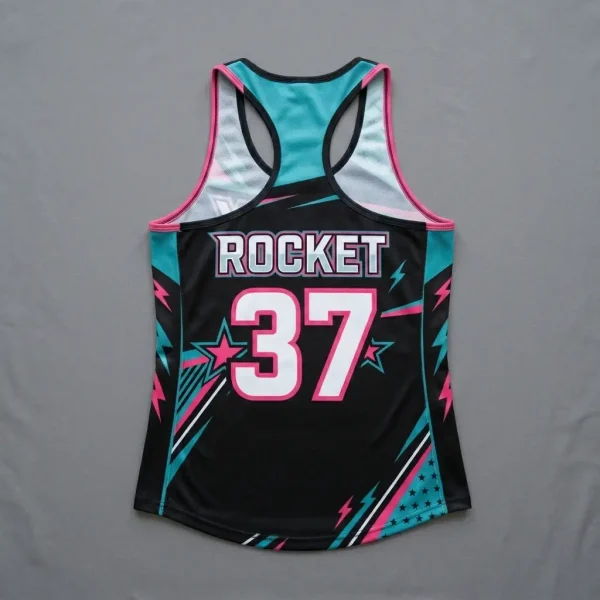 Custom sublimated racerback roller derby jersey back.
