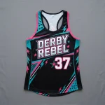 Custom sublimated racerback roller derby jersey front.