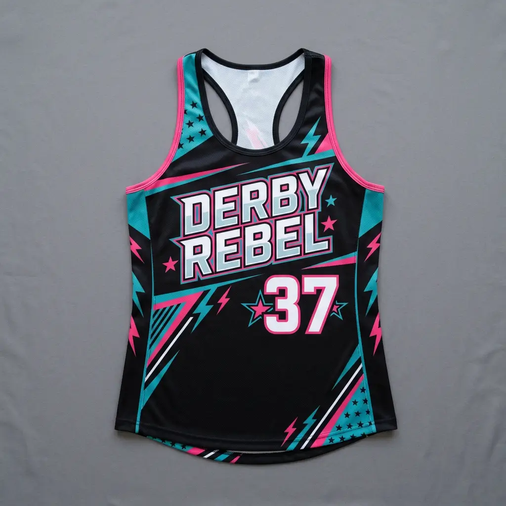 Custom sublimated racerback roller derby jersey front.