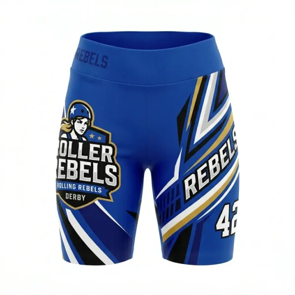 Blue and white Rolling Rebels roller derby shorts with team shield logo and player number 42.