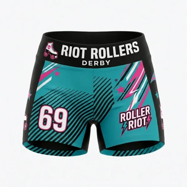 Custom teal and pink roller derby booty shorts with "Riot Rollers Derby" waistband and "Roller Riot" logo.