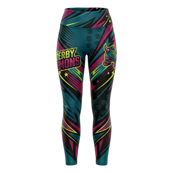 Full-length athletic leggings with teal, pink, and black "Derby Demons" lightning bolt graphics and skate mascot.