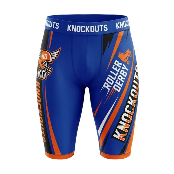 Long-cut blue and orange compression shorts with "Knockouts" branded waistband and helmet graphic.