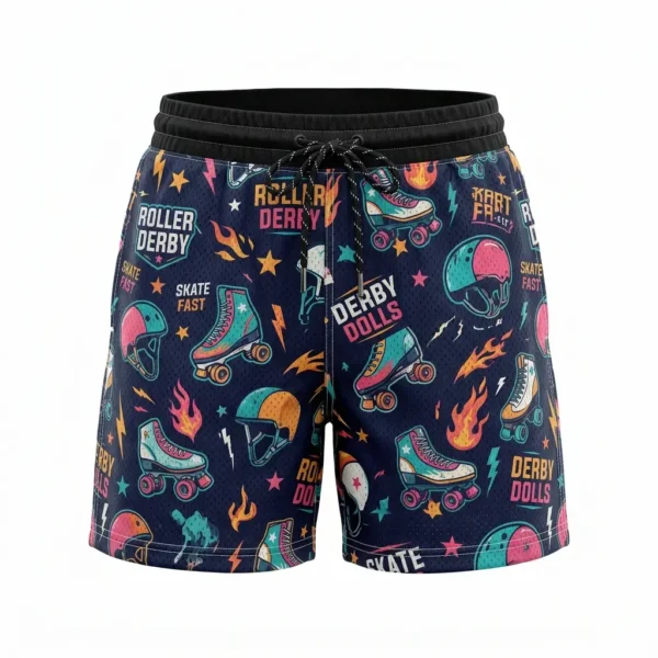 Navy blue roller derby shorts with an all-over pattern of colorful roller skates, helmets, and "Derby Dolls" text.