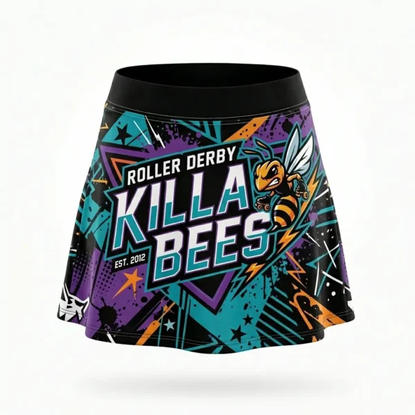Sublimated roller derby skirt featuring a "Killa Bees" mascot and aggressive purple, teal, and orange geometric patterns.
