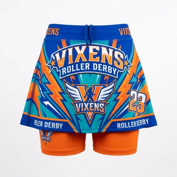 Blue and orange Vixens Roller Derby skort with winged logo and matching orange under-shorts.