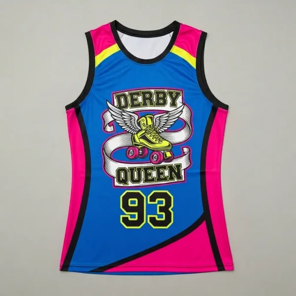 Custom sublimated sleeveless roller derby jersey.