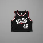 Custom ultra cropped roller derby jersey front.