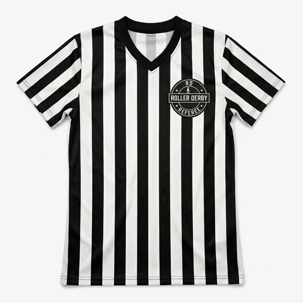 Custom v-neck referee patch roller derby jersey front.