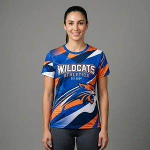 Custom woman sports sublimated dri fit shirt front.