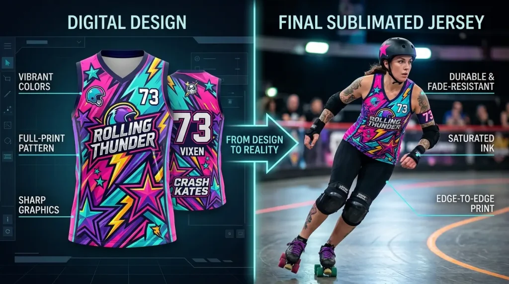 Side-by-side comparison of a digital jersey mockup and the final manufactured sublimated roller derby jersey.