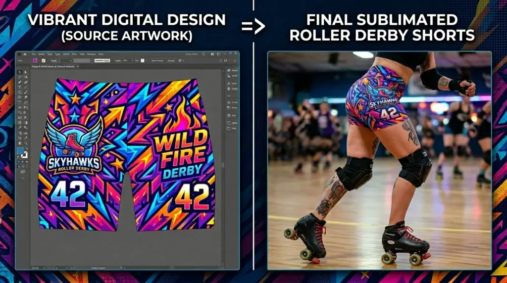 A side-by-side comparison showing a digital design for Wild Fire Derby shorts in Adobe Illustrator and the final sublimated product being worn on a track.