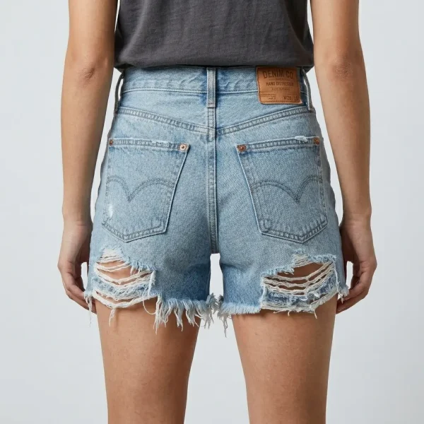 Back view of heavily distressed and ripped denim shorts with frayed hems and light wash finish.