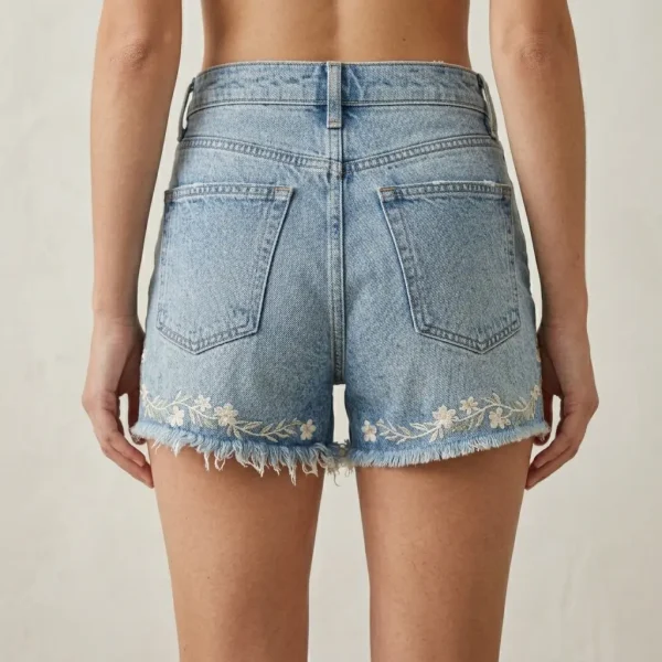 Back view of custom denim shorts featuring intricate floral embroidery near the hem.