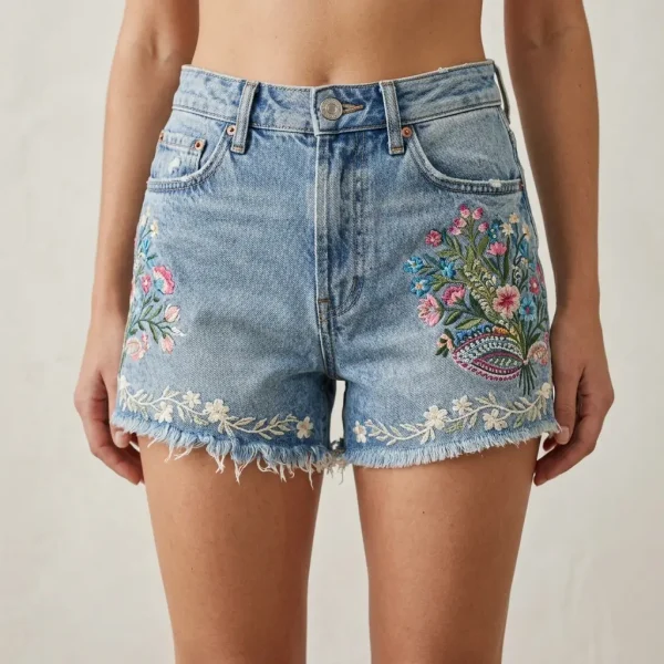 Custom denim shorts featuring colorful intricate floral embroidery on the front.