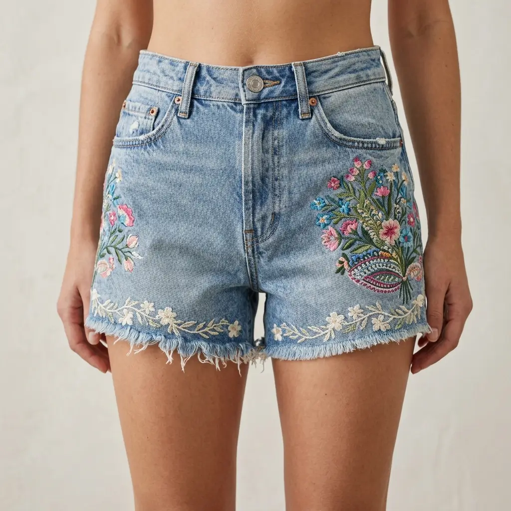 Custom denim shorts featuring colorful intricate floral embroidery on the front.