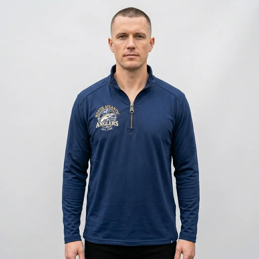 Men's embroidered quarter-zip fishing shirt front.
