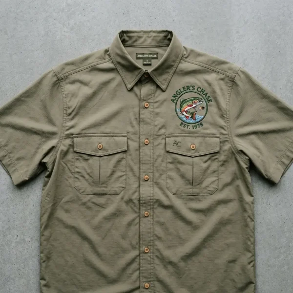 Full button-up custom embroidered fishing shirt.