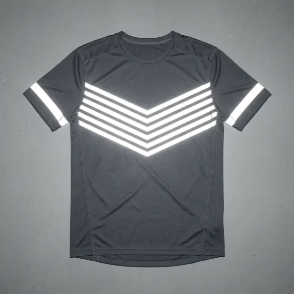 Gray reflective screen printed dri fit shirt.