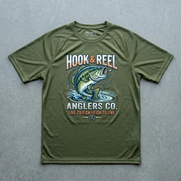 Green DTF printed fishing shirt.