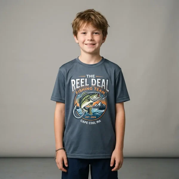 A kid wearing printed custom fishing shirt.
