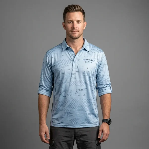 A man wearing men's custom full sleeves polo fishing shirt.