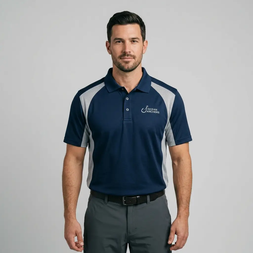 Custom lightweight mesh panel fishing polo shirt front.