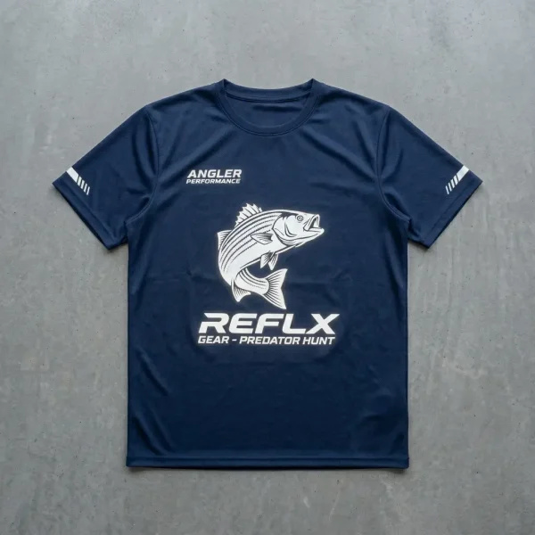 Navy blue reflective printed fishing t-shirt.