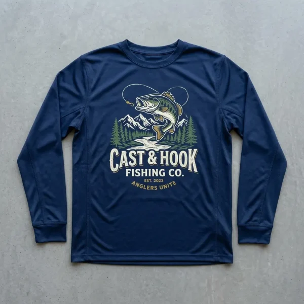 Navy-blue screen-printed fishing t-shirt.