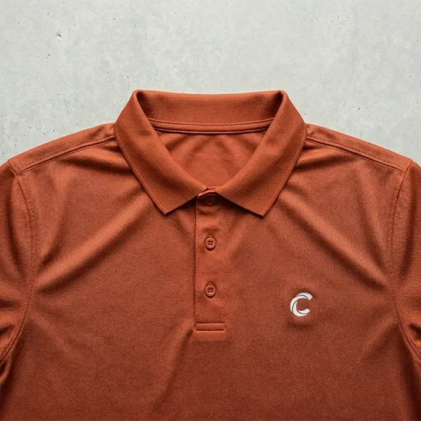 Orange collared polo shirt closeup.