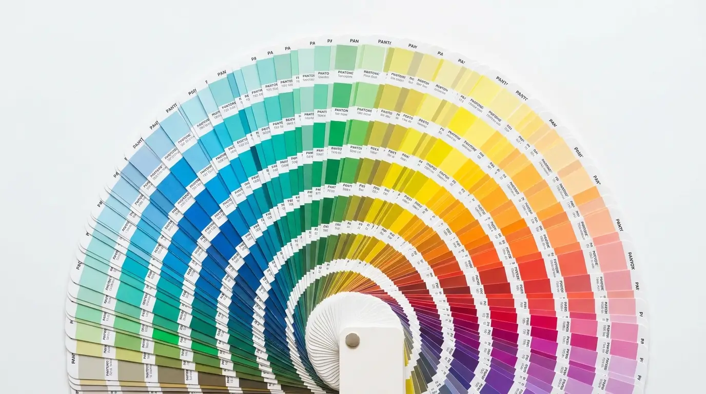 A spiral-bound Pantone color bridge guide used for accurate color matching in custom jersey manufacturing.