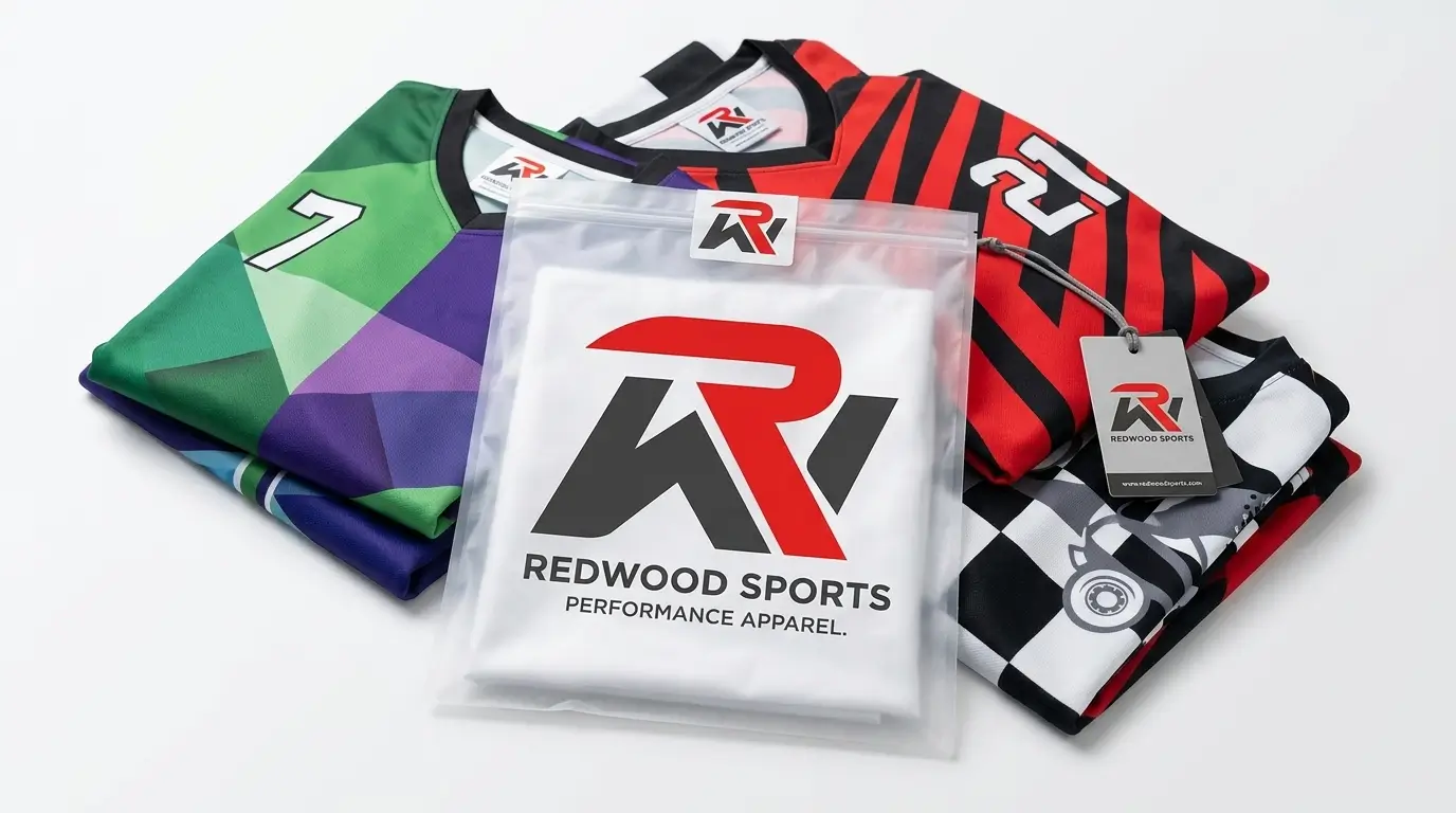 Stack of custom-branded roller derby jerseys showing private label neck tags and vibrant sublimated designs.