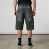 Back view of custom baggy skater-style denim jorts featuring large side cargo pocket.