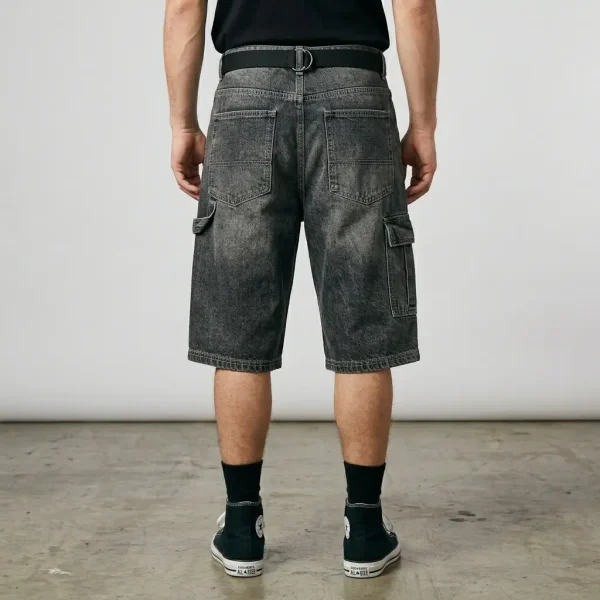 Back view of custom baggy skater-style denim jorts featuring large side cargo pocket.
