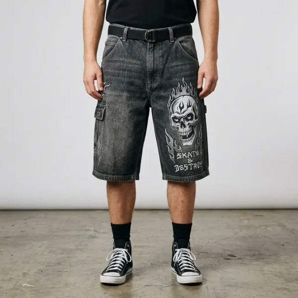 Baggy skater-style denim jorts featuring large side cargo pocket and a fire skull logo on the front.