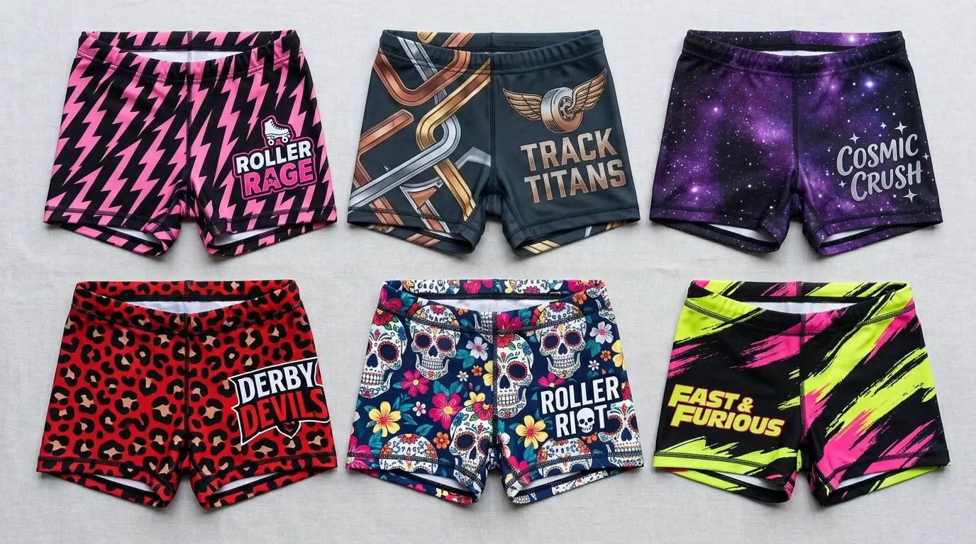 Six different custom roller derby shorts featuring various patterns including lightning bolts, galaxy print, leopard spot, and sugar skulls.