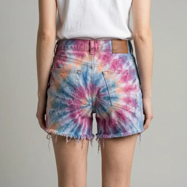 Back view of light wash denim shorts featuring a custom blue and white tie-dye bleach effect.