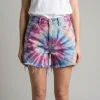 Light wash denim shorts featuring a custom blue and white tie-dye bleach effect on the front.