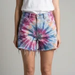 Light wash denim shorts featuring a custom blue and white tie-dye bleach effect on the front.